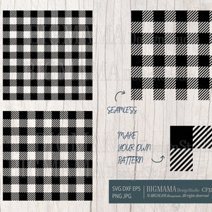 May include: Black and white buffalo plaid pattern, seamless and customizable.  SVG, DXF, EPS, PNG, and JPG file formats.  BigMama Design Studio CF32.
