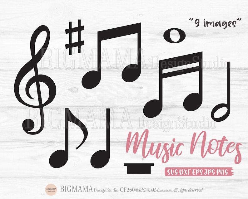 May include: A set of nine black music note SVG cut files, including a treble clef, a sharp symbol, and various note shapes. The text "Music Notes" is written in pink cursive lettering below the notes. The text "SVG DXF EPS JPG PNG" is written in black below the pink text.