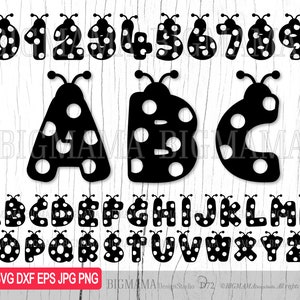 Alfabeto coccinella SVG, DXF, lettere, carattere, numeri, compleanno, file di taglio, bundle, bambini, contorni, PNG, clipart, lineart, Cricut, maglietta, download istantaneo_D72