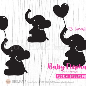 Baby Elephant SVG, arquivo SVG de elefante, arquivo de corte svg, balão, coração, chá de bebê, arquivos svg para Cricut, festa, silhueta, download instantâneo_CF126