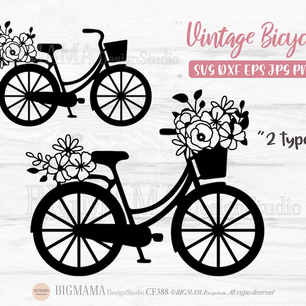 Bicycle Svg,Vintage Bicycle With Flower Basket,Wildflower,Floral,Antique Bicycle,PNG,Bike,Cut File,Cricut,Silhouette,Instant download_CF388