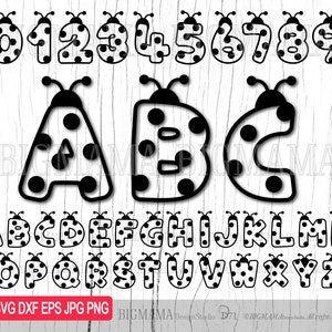 Alfabeto coccinella SVG, DXF, lettere, carattere, numeri, compleanno, file di taglio, bundle, bambini, contorni, PNG, clipart, lineart, Cricut, maglietta, download istantaneo_D71