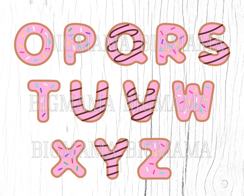 May include: Pink donut-shaped letters of the alphabet O, P, Q, R, S, T, U, V, W, X, Y, and Z. The donuts are decorated with pink frosting, chocolate sprinkles, and chocolate drizzle.
