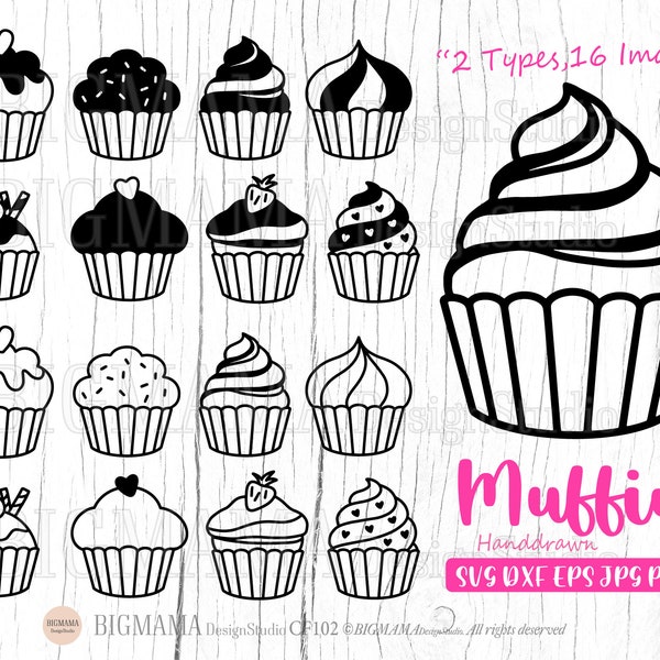 May include: A set of 16 black and white cupcake illustrations, featuring two different styles. The text "2 Types, 16 Images" and "Muffin Handdrawn SVG DXF EPS JPG PNG" is included in the image.