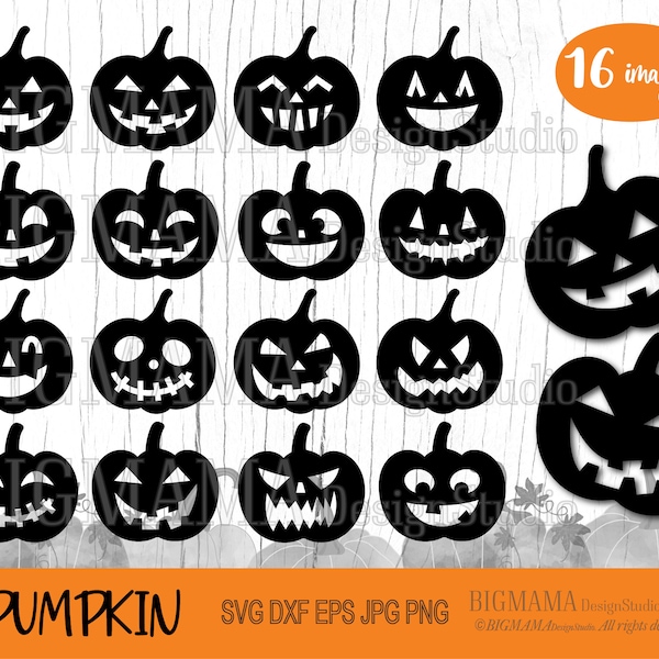 Citrouille d'Halloween SVG, visage de citrouille, sculpture, Jack O Lantern, DXF, PNG, fichier de coupe, lot, clipart, chemise, Cricut, silhouette, téléchargement immédiat_D59