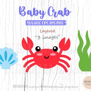 May include: A layered digital cut file of a red baby crab with a blue seashell and green seaweed. The text "Baby Crab" is at the top of the image. The text "Layered" and "3 images" are below the crab. The text "SUS DXF EPS JPG PNG" is below the word "Layered".