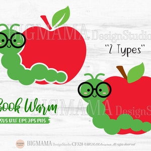 Boekenwurm SVG, Caterpillar, Terug naar School, Lezen, Boekenliefhebber, Klasse, Leraar, Apple, PNG, Scrapbooking, DXF, Cricut, Silhouet, Instant download_CF328
