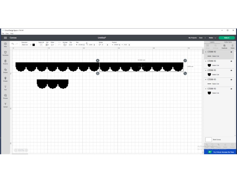 May include: A black and white design of a scalloped border, shown in a digital design program. The design is made up of multiple layers, each labeled "Basic Cut".