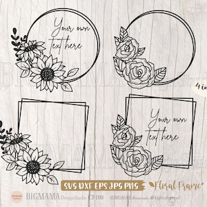 Floral Frame SVG, Floral Circle Frame, DXF, Couronne de fleurs, PNG, Tournesol, Rose, Cricut, Silhouette, Utilisation commerciale, Téléchargement instantané_CF100