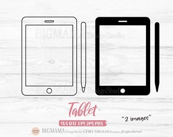 Może przedstawiać: Czarno-biała ilustracja tabletu i rysika. Tablet to prostokąt o zaokrąglonych rogach i przyciskiem home na dole. Rysik to długi, cienki prostokąt z zaokrąglonym końcem.