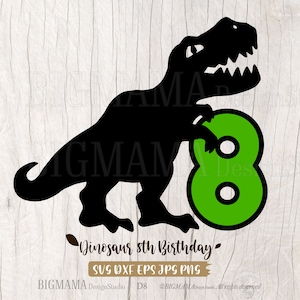 Dinosaurier 8th Birthday SVG,Achter,8 Jahre,T-rex,Acht,Zahl,Geburtstag Junge,Tshirt,Dino,Cut File,Cricut,PNG,DXF,Silhouette,Instant download_D8