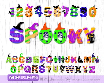 May include: A set of Halloween-themed alphabet letters and numbers in various colors, including purple, green, orange, yellow, and black. Each letter and number features a spooky design, such as a witch's hat, a spider, a ghost, and a skull. The letters spell out "SPOOKY".