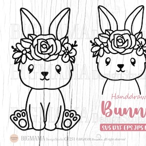 Lapin Svg, lapin de Pâques, Cricut, lapin SVG contour, fleurs de lapin, nom, lapin fleur Crwon, fichier de coupe, PNG, DXF, Silhouette, téléchargement instantané_CF251