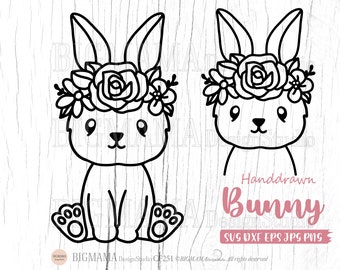 Bunny Svg,Easter Bunny,Cricut,Rabbit SVG Outline,Bunny Flowers,Name,Bunny Flower Crwon,Cut file,PNG,DXF,Silhouette,Instant download_CF251
