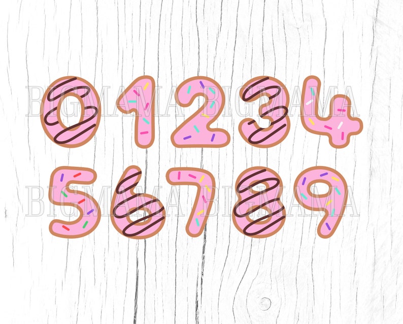 May include: Pink and white donut-shaped numbers with colorful sprinkles, from 0 to 9, on a white wood background.