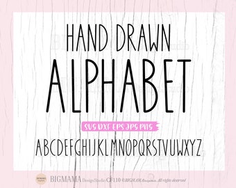 Op de afbeelding: Handgetekend alfabet in zwart op een witte achtergrond met de tekst "HAND DRAWN ALPHABET" en "SVG DXF EPS JPG PNG" bovenaan. Het alfabet is in kleine letters.