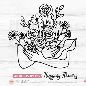 Abrazando flores SVG,Manos,Ramo,Boda,Rosa,Flor silvestre,DXF,Primavera,Floral,Cuerpo,Botánico,Arte lineal,PNG,Cricut,Cameo,Descarga instantánea_D32