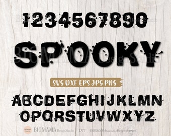 May include: Black digital font set with a spooky design, including numbers, the word "SPOOKY", and the alphabet. The font has a distressed, splattered effect. The image also includes file type information: SVG, DXF, EPS, JPG, and PNG.