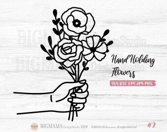 May include: Black and white line art illustration of a hand holding a bouquet of flowers. The image includes the text "Hand Holding Flowers" and file type information. The flowers include a rose, a poppy, and other floral elements.