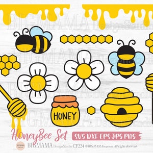 Pode incluir: Um conjunto de imagens digitais de clipart com tema de abelha. O conjunto inclui uma abelha, um favo de mel, um pote de mel, uma margarida, um concha de mel e uma colmeia. As imagens são em estilo de desenho animado e são perfeitas para projetos de artesanato.