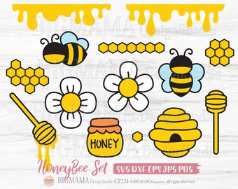 Honey Bee SVG,Honeycomb,Honeybee,Bundle,Honey Drip,Fower,Pot,Bumblebee,DXF,Cut File,PNG,Vinyl,Cricut,Silhouette,Instant download_CF224