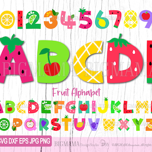 Alfabeto de frutas SVG, números, letras, paquete, verano, cumpleaños, PNG, limón, cereza, naranja, piña, clipart, fuente, Cricut, Cameo, descarga instantánea_D55