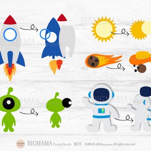 May include: A set of printable space-themed craft cutouts. The set includes a rocket, a sun, a comet, an alien, and an astronaut. The cutouts are in various colours, including red, blue, yellow, green, and white.