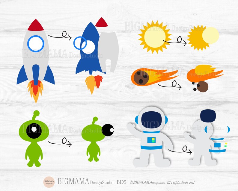 May include: A set of printable space-themed craft cutouts. The set includes a rocket, a sun, a comet, an alien, and an astronaut. The cutouts are in various colours, including red, blue, yellow, green, and white.
