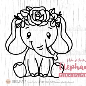 Baby Elephant SVG, Floral, Flor Crwon, Elefante com flor, Arquivo de corte para Cricut, Chá de bebê, Fofo, Menina, Dumbo, Silhueta, Download instantâneo_CF146