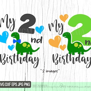 Meu segundo aniversário SVG, menino, DFX, 2 anos, dois, dino, bebê, arquivos cortados, crianças, corte, cricut, festa de dinossauro, silhueta, digital, download instantâneo_CF451