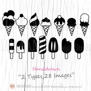 K&ouml;nnte beinhalten: Ein Set mit 28 handgezeichneten Eiscreme- und Eis am Stiel-Illustrationen in Schwarzwei&szlig;. Die Bilder zeigen verschiedene Stile von Eiswaffeln, Bechern und Eis am Stiel.