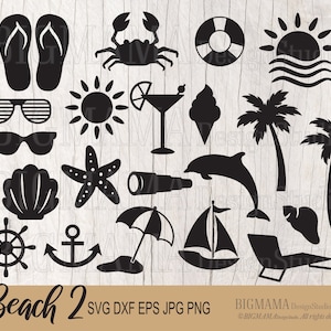 Paquete SVG de playa, Nadar, Vida de playa Svg, Palmera, DXF, Verano, Tropical, Archivo recortado, Sol, Delfín, Cricut, Silueta, PNG, Digital, Descarga instantánea_CF157