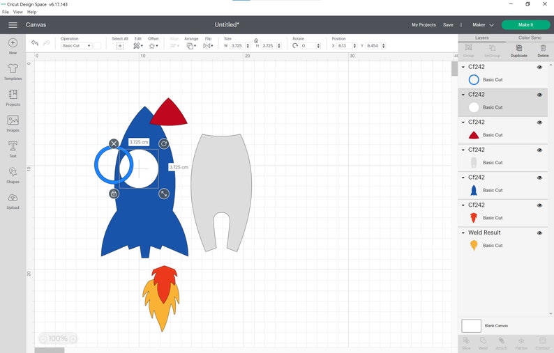 May include: A blue rocket ship with a red nose cone and an orange flame. The rocket ship is 3.75 cm tall and 1.75 cm wide. The rocket ship is on a white background.