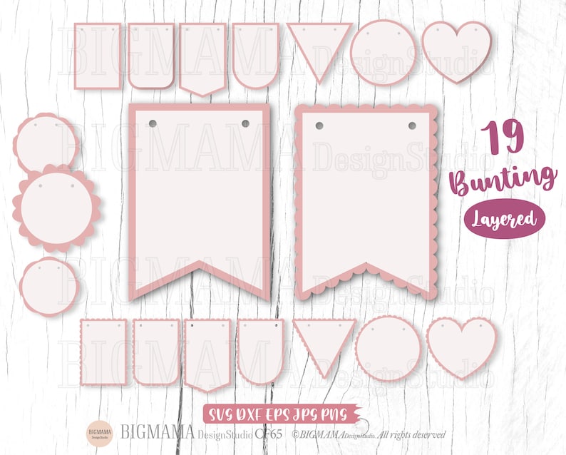 May include: A set of 19 pink and white layered bunting flags for crafting. The flags are in various shapes, including circles, hearts, triangles, and rectangles. The text "19 Bunting Layered" is visible in the image.