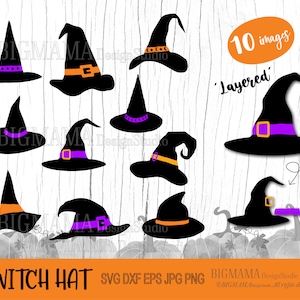 May include: Ten layered images of witch hats in various colors and styles. The hats are black with purple and orange accents. The text "10 images" and "Layered" are in a circle and a rectangle, respectively. The text "WITCH HAT SVG DXF EPS JPG PNG BIGMAMA Design Studio CF370 BIGMAMA Design Studio All rights reserved" is at the bottom of the image.