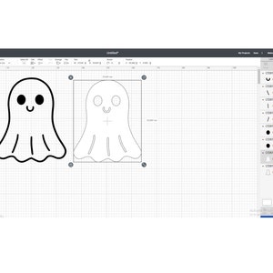 Op de afbeelding: Een zwart-wit ontwerp van een geest met een glimlachend gezicht en grote ogen. Het ontwerp wordt weergegeven op een computerscherm met een rasterachtergrond. Het ontwerp is klaar om te worden uitgesneden met een Cricut-machine.