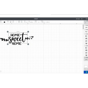 May include: A black and white design of the words "HOME SWEET HOME" in a cursive font, with leafy accents. The design is displayed on a computer screen within a design software interface.