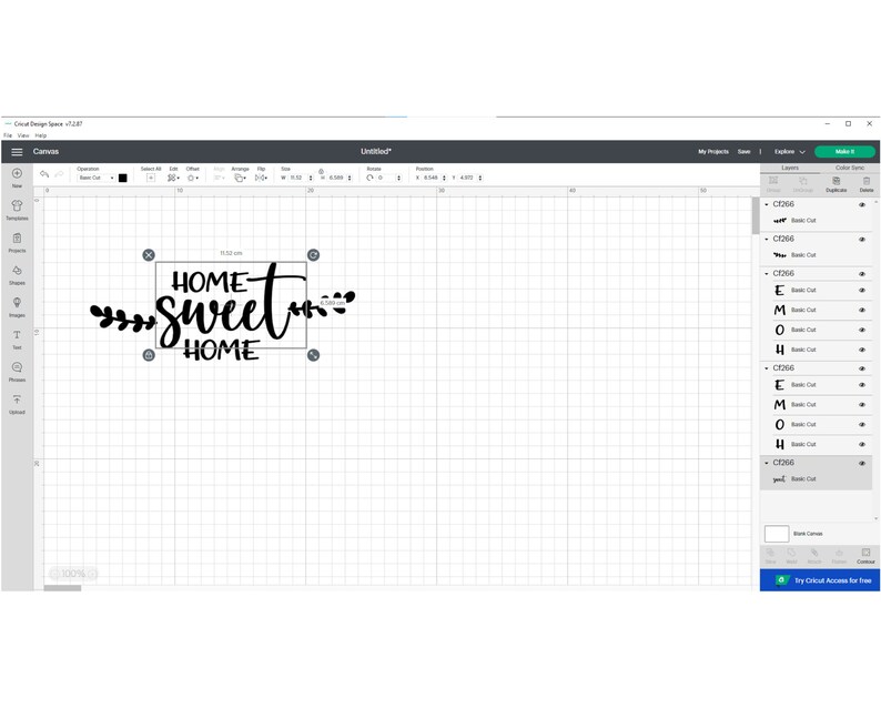 May include: A black and white design of the words "HOME SWEET HOME" in a cursive font, with leafy accents. The design is displayed on a computer screen within a design software interface.