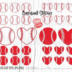 May include: Six digital designs of baseball stitches in red and white. The designs include circles and hearts. The text "Baseball Stitches", "2 types", and "6 designs" is included in the image.