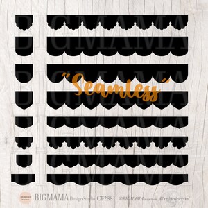 May include: A set of 10 black scalloped borders, each with a different design. The borders are seamless and can be used for a variety of crafting projects. The text "Seamless" is written in orange on the image.