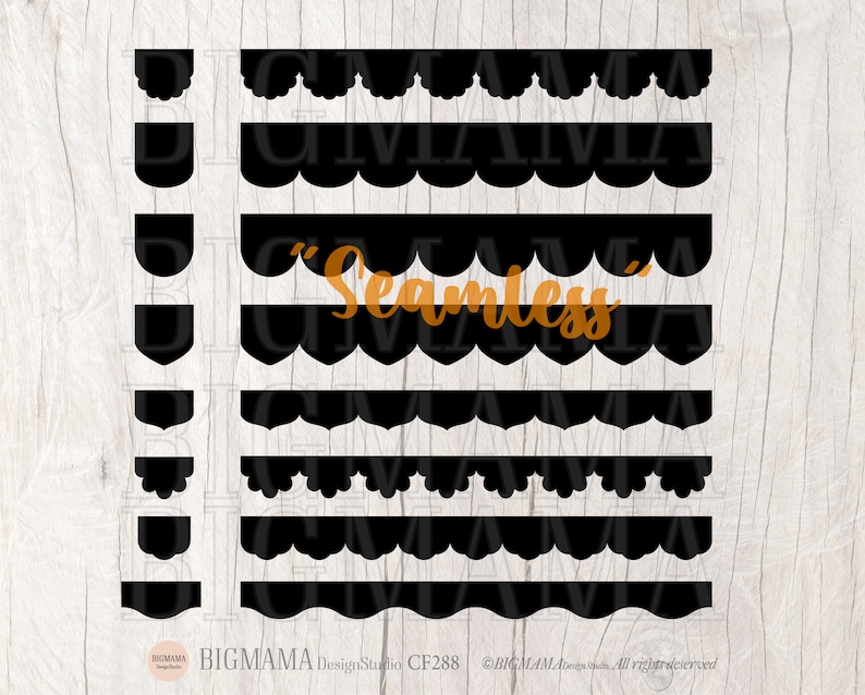 May include: A set of 10 black scalloped borders, each with a different design. The borders are seamless and can be used for a variety of crafting projects. The text "Seamless" is written in orange on the image.