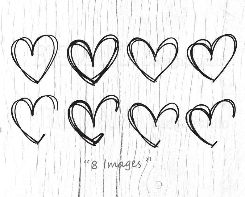 Puede incluir: Ocho corazones dibujados a mano con tinta negra sobre un fondo de madera blanca.