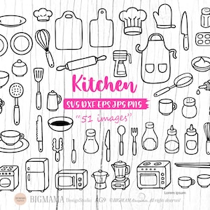 Ustensile de cuisine SVG, fichier de coupe de paquet de cuisine, pâtisserie, fournitures, chef cuisinier, planche à découper, couteau, tasse à café, mug, tablier, contour, PNG, téléchargement immédiat_AG9