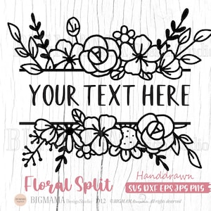 Floral Split SVG, Cadre, Bordure florale, Fleur sauvage, Monogramme fendu, Mariage, Feuilles, Nom, DXF, Marguerite, PNG, Cricut, Silhouette, Téléchargement instantané_D12
