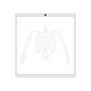 May include: A white digital drawing of a human skeleton, including the rib cage, spine, and arm bones. The image is displayed on a white background with a gray border and an arrow pointing upwards.