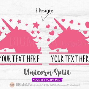 Può includere: Due disegni di testa di unicorno rosa con aree di testo, stelle e cuori. L'area di testo recita "YOUR TEXT HERE". L'immagine include anche il testo "Unicorn Split" e informazioni sul tipo di file.
