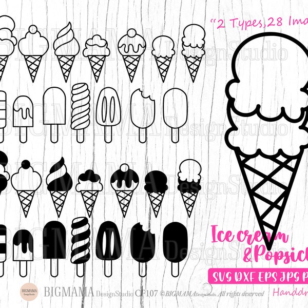 Ice cream SVG,Popsicle,DXF,Dessert,Food,Ice cream cone,PNG,Cut file,Summer,Cricut,Silhouette,Outline,Commercial use,Instant download_CF107