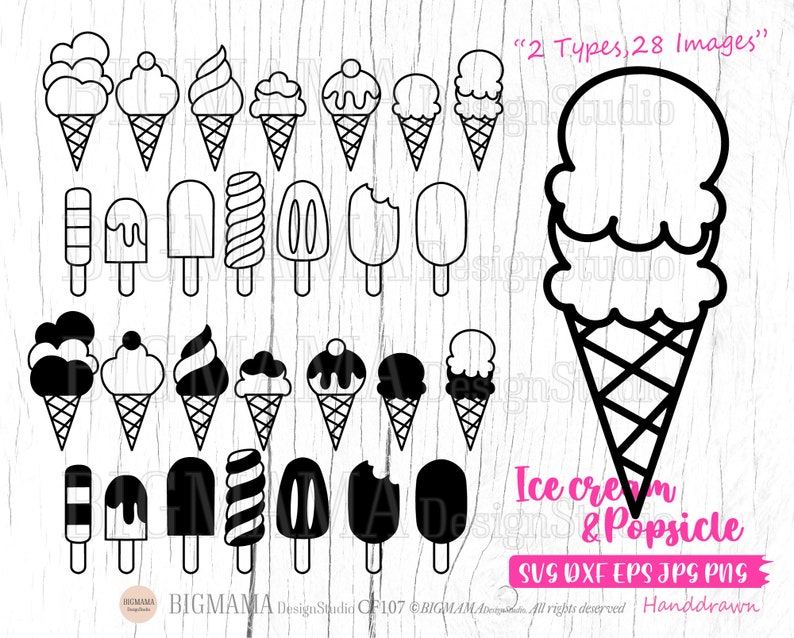 K&ouml;nnte beinhalten: Ein Satz von 28 handgezeichneten Eiswaffel- und Eis am Stiel-Illustrationen in Schwarzwei&szlig;. Die Bilder zeigen verschiedene Formen und Stile von Eiswaffeln und Eis am Stiel. "2 Types, 28 Images" und "Ice cream & Popsicle" sind im Bild zu sehen.