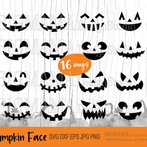 Puede incluir: Un conjunto de 16 ilustraciones de caras de calabaza en blanco y negro. Las caras muestran diversas expresiones, incluyendo sonrisas, fruncimientos de ceño y sorpresa. Las ilustraciones son perfectas para manualidades, scrapbooking y otros proyectos creativos.