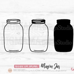 May include: Three black and white mason jar illustrations. The first jar is outlined, the second jar is filled in, and the third jar is filled in with a black silhouette.